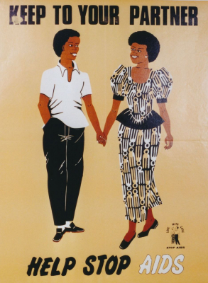 Abb. 4: »KEEP TO YOUR PARTNER / HELP STOP AIDS«. Health Education Division, Ministry of Health, Ghana, 60,3 x 45,0 cm, 1987–1991 (Sammlung Deutsches Hygiene-Museum Dresden, Inventarnummer 2002/540) Abb. 4: »KEEP TO YOUR PARTNER / HELP STOP AIDS«. Health Education Division, Ministry of Health, Ghana, 60,3 x 45,0 cm, 1987–1991 (Sammlung Deutsches Hygiene-Museum Dresden, Inventarnummer 2002/540)