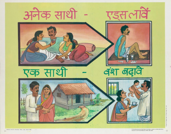 Abb. 5: »Mehrere Partner – führen zu Aids / Ein Lebenspartner – führt zu Familienzuwachs« (Hindi). Unesco/Aidthi Workshop, Indien, 45,5 x 57,5 cm, 1995 (Plakatsammlung, Museum für Gestaltung Zürich, Zürcher Hochschule der Künste) Abb. 5: »Mehrere Partner – führen zu Aids / Ein Lebenspartner – führt zu Familienzuwachs« (Hindi). Unesco/Aidthi Workshop, Indien, 45,5 x 57,5 cm, 1995 (Plakatsammlung, Museum für Gestaltung Zürich, Zürcher Hochschule der Künste)