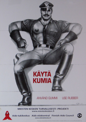 Abb. 15: »KÄYTÄ KUMIA« (»BENUTZE GUMMIS«). AIDS-Tukikeskus, Finnland, 59,4 x 42,0 cm, 1988 (Illustration: Tom of Finland; Sammlung Deutsches Hygiene-Museum Dresden, Inventarnummer 2007/949) Abb. 15: »KÄYTÄ KUMIA« (»BENUTZE GUMMIS«). AIDS-Tukikeskus, Finnland, 59,4 x 42,0 cm, 1988 (Illustration: Tom of Finland; Sammlung Deutsches Hygiene-Museum Dresden, Inventarnummer 2007/949)